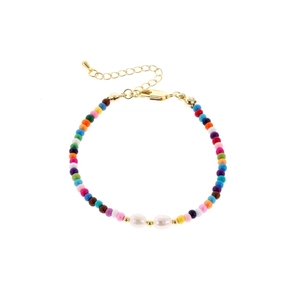 Bracciale bohémien con perline colorate, perle d'acqua dolce e catena d'oro regolabile