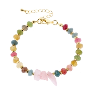 Handgemaakte kleurrijke natuurstenen kralenarmband met gouden karabijnsluiting en ketting