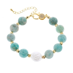 Elegantes Perlenarmband mit türkisfarbenen Amazonit-Steinen, Barockperle und Goldverschluss