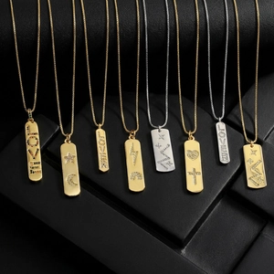 Gold and silver rectangular pendant necklaces with zirconia star and moon charms