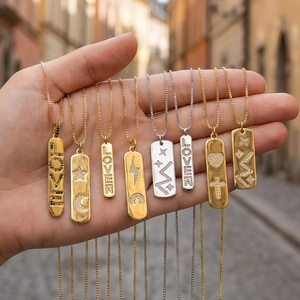 18K Gold Plated Copper Rectangle Bar Pendant Necklace Micro Inlaid Zirconia LOVE Letter Star Moon Jewelry For Women