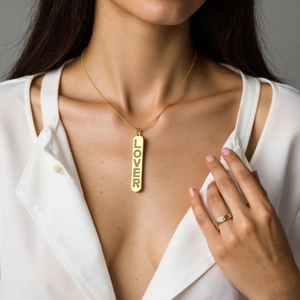 Gold bar necklace with LOVER lettering and micro-pave cubic zirconia for women