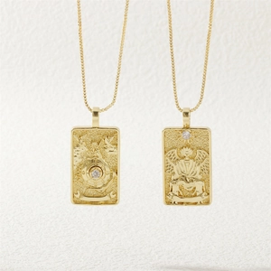 Gold Nordic tarot pendant necklaces with embossed angel motifs and zircon stone accents