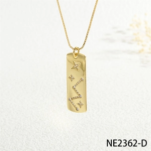 Detail of gold rectangular pendant necklace with micro-pave zircon constellation patterns