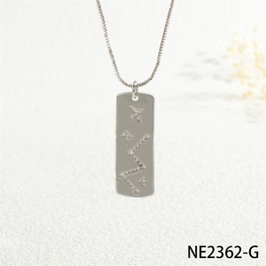 Detailed view of silver bar pendant necklace with cubic zirconia constellation patterns