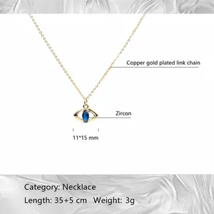 Detailed view of evil eye necklace with blue zircon and dimensions 11x15mm and 35+5cm