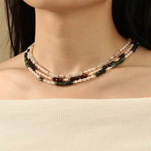 Vintage Freshwater Pearl Spliced Natural Stone Beaded Necklace For Women Unakite Pink Opal Garnet Citrine Quartz Choker Jewelry