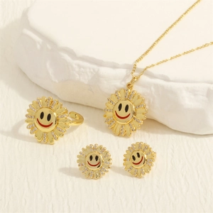 18K gold plated sunflower smiley face jewelry set with necklace ring and earrings
