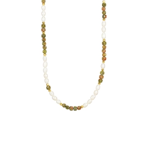Vintage necklace with natural green unakite stones and freshwater pearls with gold beads