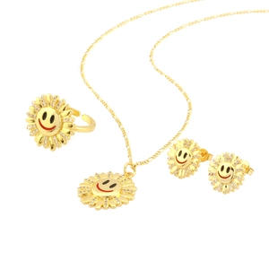 Golden sunflower jewelry set with sparkling crystals and smiley face necklace and ring