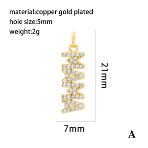 Pendentif MAMA en cuivre plaqué or 18 carats avec zircons blancs, taille 21x7mm