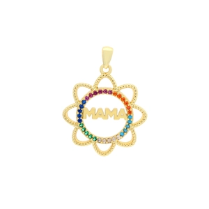 Détail macro du pendentif MAMA en or 18K avec zircone arc-en-ciel et bordure corde