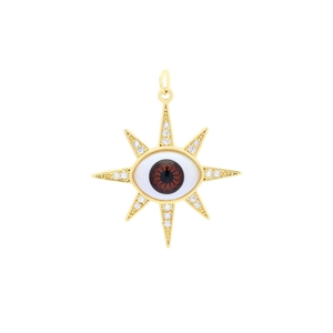 Detail of gold starburst evil eye pendant with micro-pave crystals and resin center