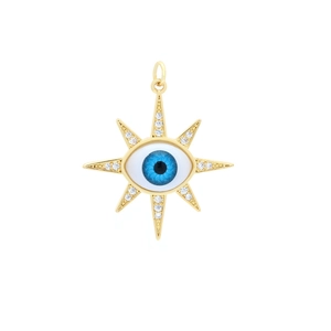Macro view of gold starburst pendant with blue evil eye resin and micro-pave zircons