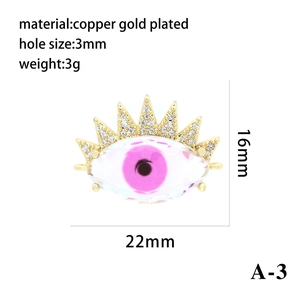 Technical drawing showing a 16mm gold-plated Evil Eye pendant with 3mm hole diameter