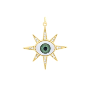 Macro view of gold-plated star pendant featuring green evil eye resin and micro-pave zircons