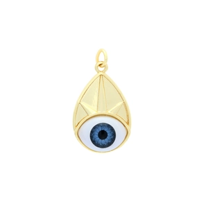 Detailed macro view of golden Evil Eye teardrop pendant with blue resin eye and textured rays