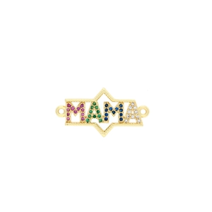 Détail du pendentif MAMA en or 18 carats avec zircons colorés et design à double boucle