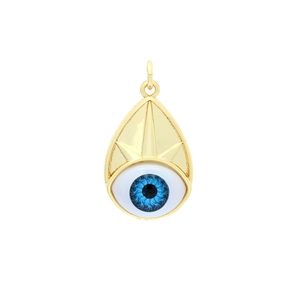 Detailed macro view of a gold-plated teardrop evil eye pendant with radial sunburst pattern