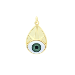 Macro detail of gold teardrop evil eye pendant with green resin iris and metal lines