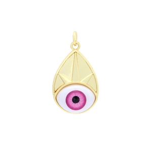 Macro view of gold teardrop evil eye pendant with resin eye and radial metal textures