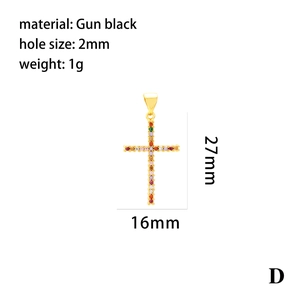 Macro view of gold-plated cross pendant with colorful zircon stones and dimensions