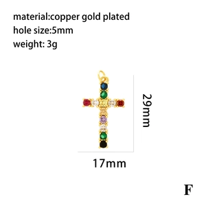 Close-up of gold-plated copper cross pendant with colorful zircon stones and dimensions