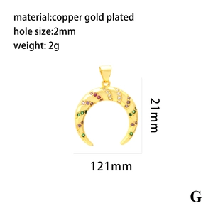 Detail of gold plated horn pendant with colorful cubic zirconia and size measurements