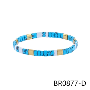 Bohemian elastic beaded bracelet with blue marble, white, and matte gold square beads