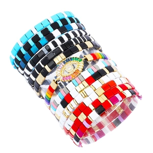Bohemian colorful Tila bead stretch bracelets with evil eye charm for women