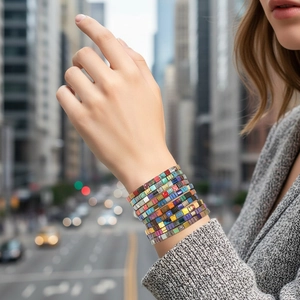 Colorful Tila bead stretch bracelet with bohemian multi-layer square tiles on wrist