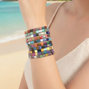 Bohemian Tila Bead Bracelet For Women Colorful Geometric Hematite Copper Enamel Elastic Summer Beach Vacation Jewelry Gift