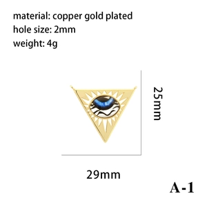 Golden triangle Evil Eye pendant made of gold-plated copper measuring 25mm by 29mm