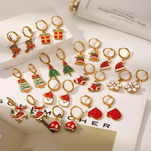 Set of 12 pairs of 18k gold plated stainless steel Christmas hoop earrings with charms