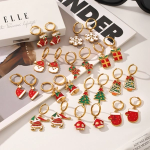 Festive 18k gold plated stainless steel Christmas earrings with colorful enamel charms
