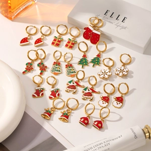 Detailed set of 10 pairs of festive Christmas themed gold hoop earrings with enamel charms