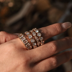 Classic 18K gold plated stainless steel stacked ring set with cubic zirconia stones