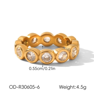 Detailed view of 18K gold plated eternity band with cubic zirconia in bezel setting