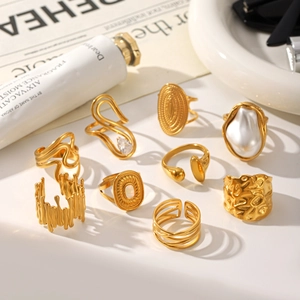 Elegante 18k vergulde roestvrijstalen ringenset met parels en kristallen voor dames