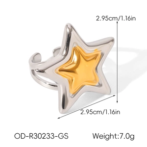 Macro shot showing dimensions of two-tone star-shaped stainless steel open ring