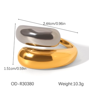 Detailed view of bicolor polished stainless steel shell ring with size measurements