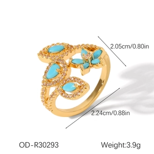 Detailed view of gold stainless steel ring with turquoise leaves and zircon floral accents