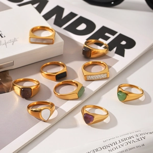 French vintage stainless steel rings with colorful natural stones in heart and drop shapes