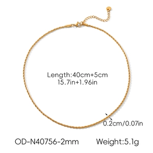 Detail showing 40cm plus 5cm length and 2mm width of the golden twist chain necklace