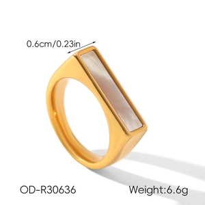 Detail view of a gold stainless steel ring with white stone inlay, width 0.6cm and 6.6g weight