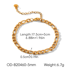 Détail du bracelet Figaro en acier inoxydable doré 18K avec dimensions de longueur