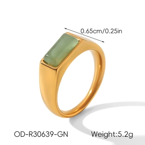 Detailed view of gold stainless steel ring featuring a rectangular green natural stone