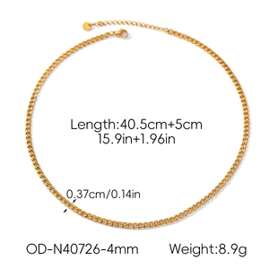 Detail shot of 4mm gold Cuban link necklace with measurements 40.5cm and 5cm extender