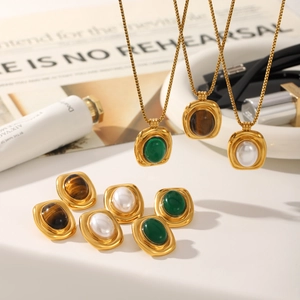 French vintage gold stainless steel jewelry set with natural stones in retro style