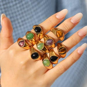 Retro Stainless Steel Natural Stone Signet Ring For Women French Vintage Hexagon Water Drop Oval Gold Plated Geometric Finger Ring Jewelry Gift